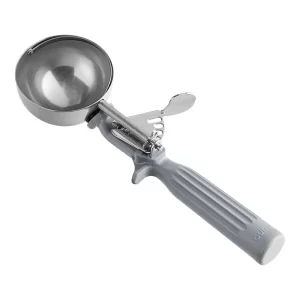 Porcionador bolero de 4 oz con mango gris y palanca de servicio para helados y cocinas profesionales