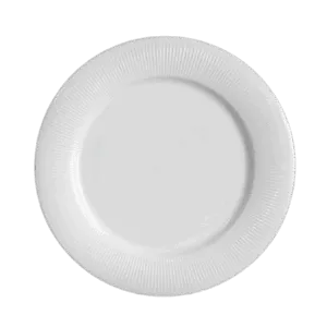 Plato plano Línea Aurora de porcelana blanca con diseño de líneas finas estilo aura solar