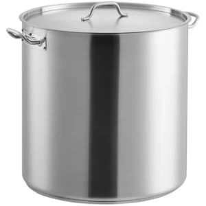 Olla de acero inoxidable de 98 litros con doble oreja y tapadera para uso industrial y cocinas profesionales.