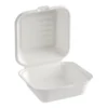 Contenedor blanco compostable de bagazo de caña 6×6 pulgadas con tapa de bisagra para alimentos
