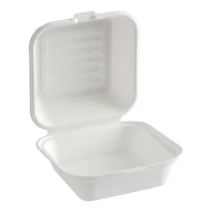 Contenedor blanco compostable de bagazo de caña 6×6 pulgadas con tapa de bisagra para alimentos