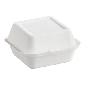 Contenedor blanco compostable de bagazo de caña 6×6 pulgadas con tapa de bisagra para alimentos